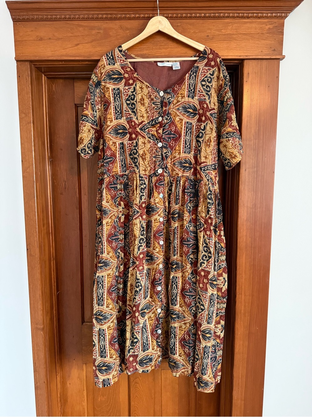 Button-Front Midi Dress in Burgundy and Mustard Paisley